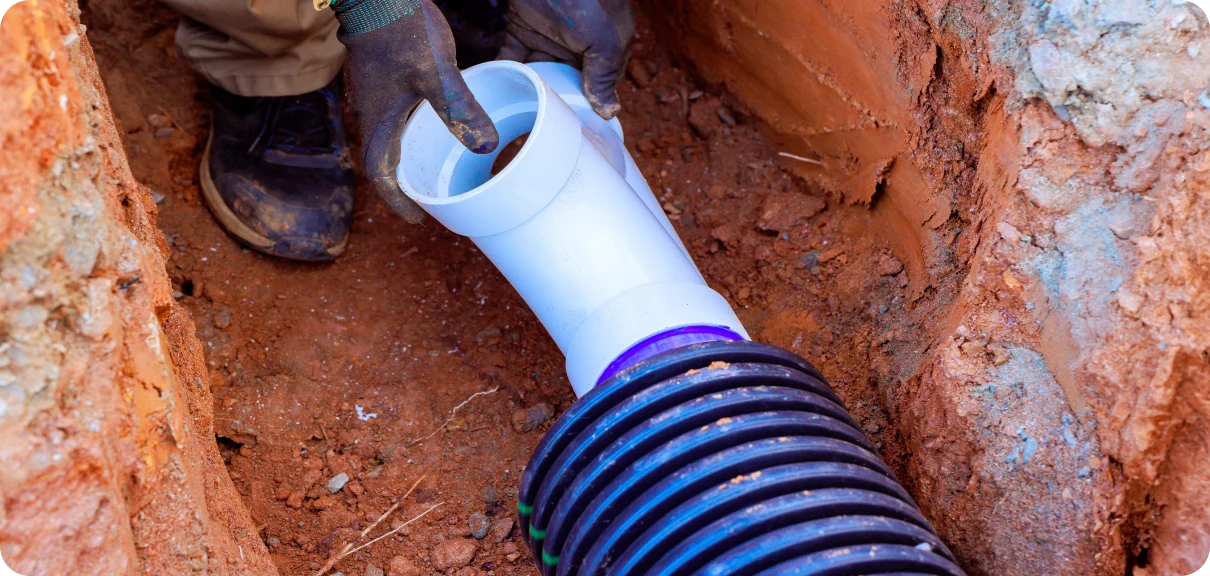 Hands fitting pipe in soil trench